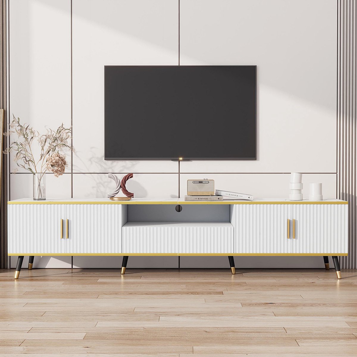 Pugsdrly Moderne lage tv-meubel, marmerlook, tv-paneel, tv-kommode, 200 x 40 x 46 cm - Geschikt voor tv's tot 90 inch, twee deuren, een lade Wit
