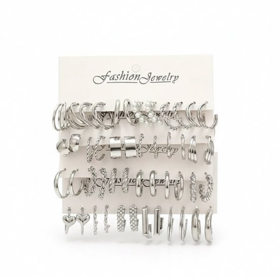 Ensemble de 24 boucles d'oreilles argentées pour femmes avec anneaux, clous et divers motifs