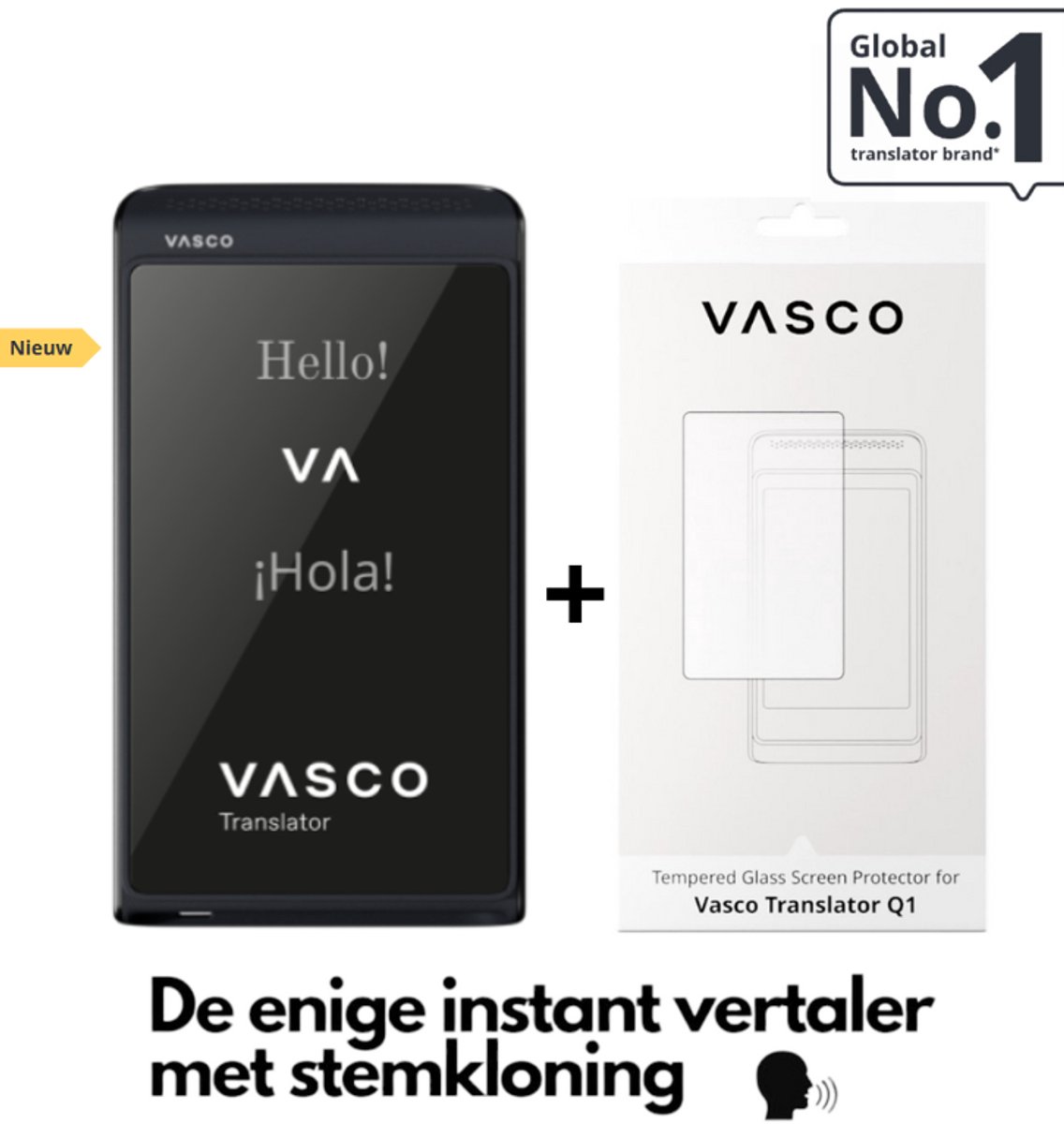 Vasco Translator Q1 Phantom Black AI vertaler + Vasco Screen Protector voor Translator Q1. Nieuw 2025 de enige instant translator met stemkloning telefoongesprekken en handsfree modus gratis Internet foto en telefoon Vertaler