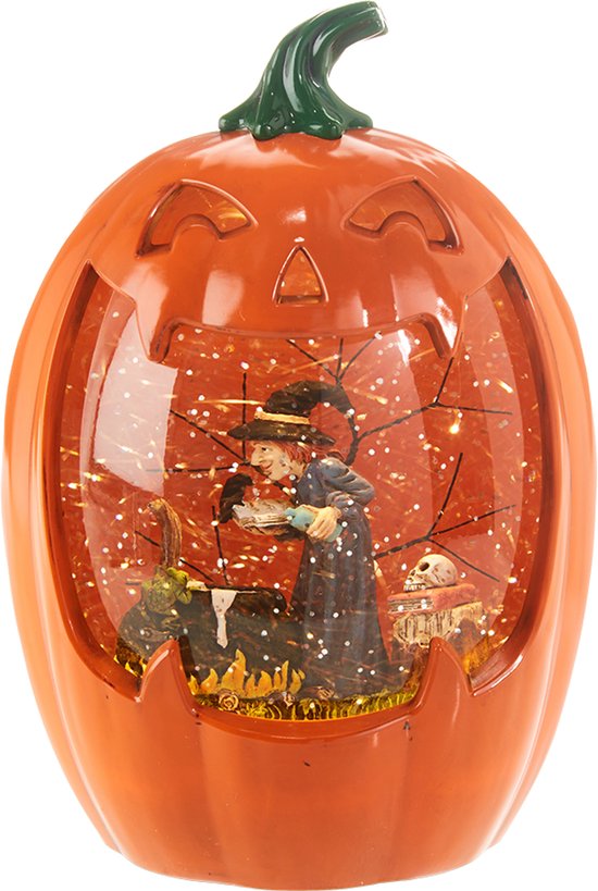 Viv! Boule à neige Halloween avec LED - Sorcière brassant dans une citrouille - Automatique - Orange - 21,5 cm