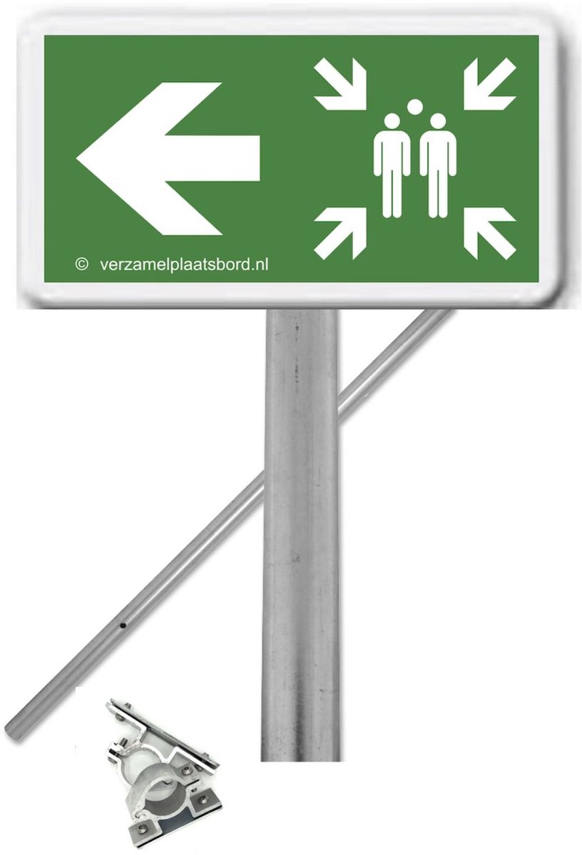 Verkeersbord Verzamelplaats WIT LINKS 40 x 20 cm REFLECTEREND + paal 1,5 meter + beugels