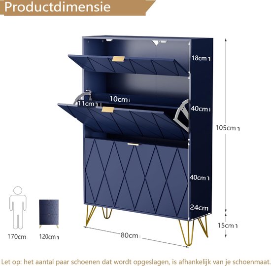 Gedetailleerde afmetingen van een donkerblauwe schoenenkast met gouden pootjes. Toont de hoogte (105 cm), breedte (80 cm) en diepte (24 cm) van de kast.
