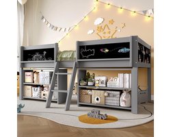 BLACKCOLORS Halfhoog bed, 90*200 cm, meerdere opbergplanken, hekjes, ladder, grenenhout, zonder matras, minimalistische stijl, grijs