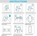 Instructies voor het aanbrengen van een screenprotector, met illustraties van telefoonreiniging en plaatsing.