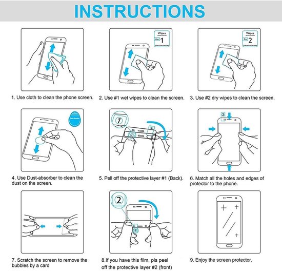 Instructies voor het aanbrengen van een screenprotector, met illustraties van telefoonreiniging en plaatsing.