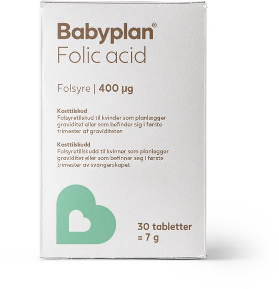 Witte doos met Babyplan Folic acid, Folsyre | 400 µg, 30 tabletten = 7 g en een groen logo.