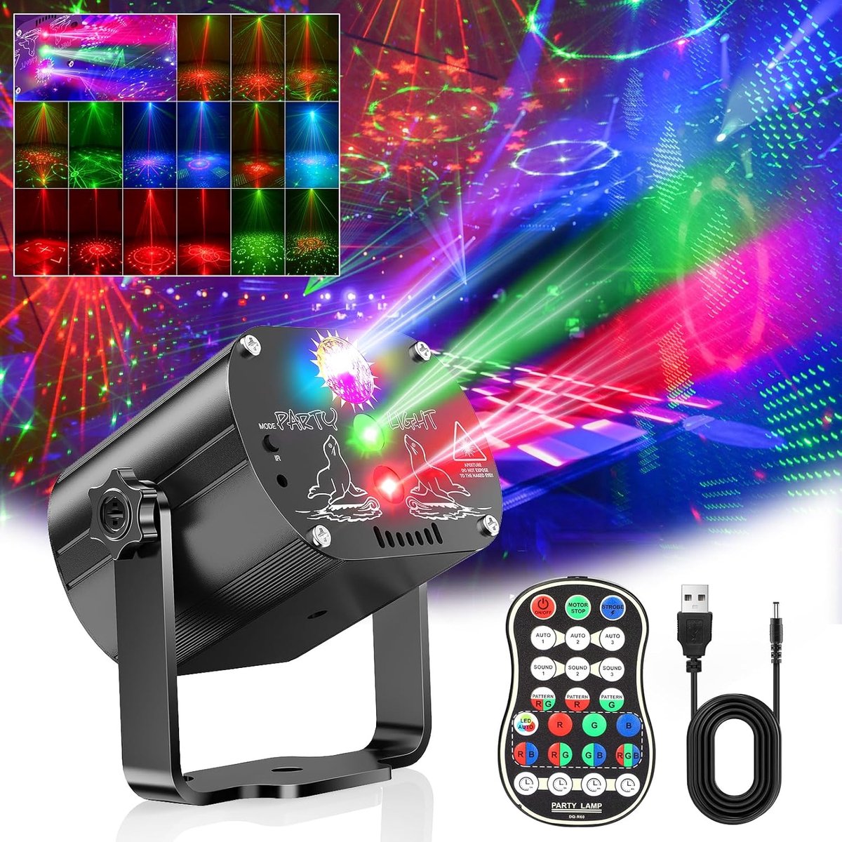 Ynkkvre - discobal met muzieksturing - feestlamp met 60 lichteffecten - stroboscoop met afstandsbediening en 2 m USB-kabel voor thuis, kinderfeest, club en verjaardag