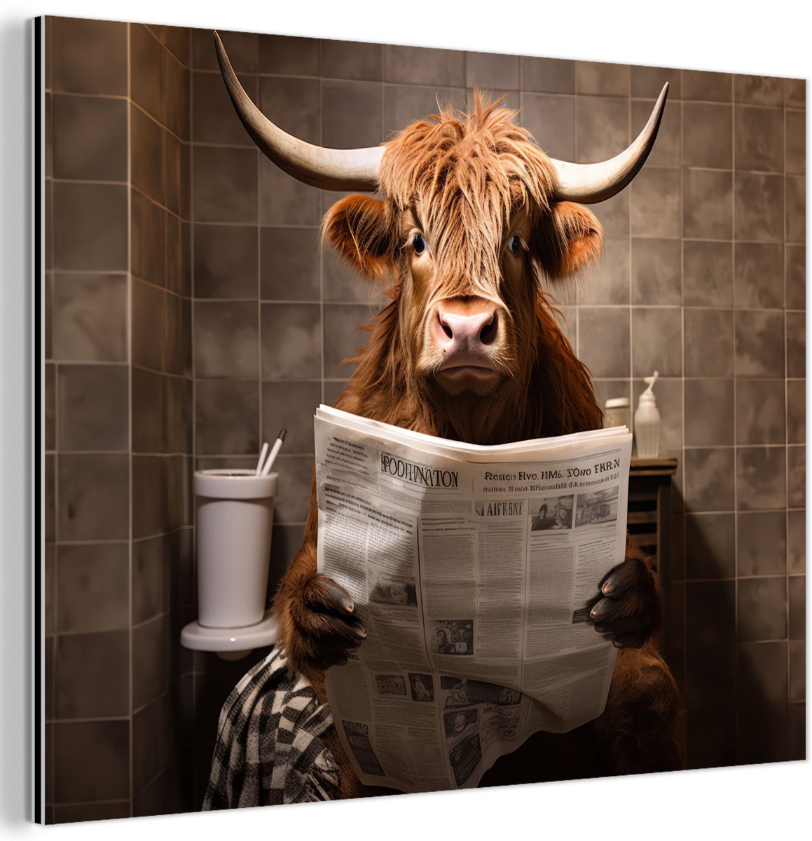 Aluminium schilderij 80x60 cm - Wanddecoratie metaal - Schotse hooglander - Krant - Toilet