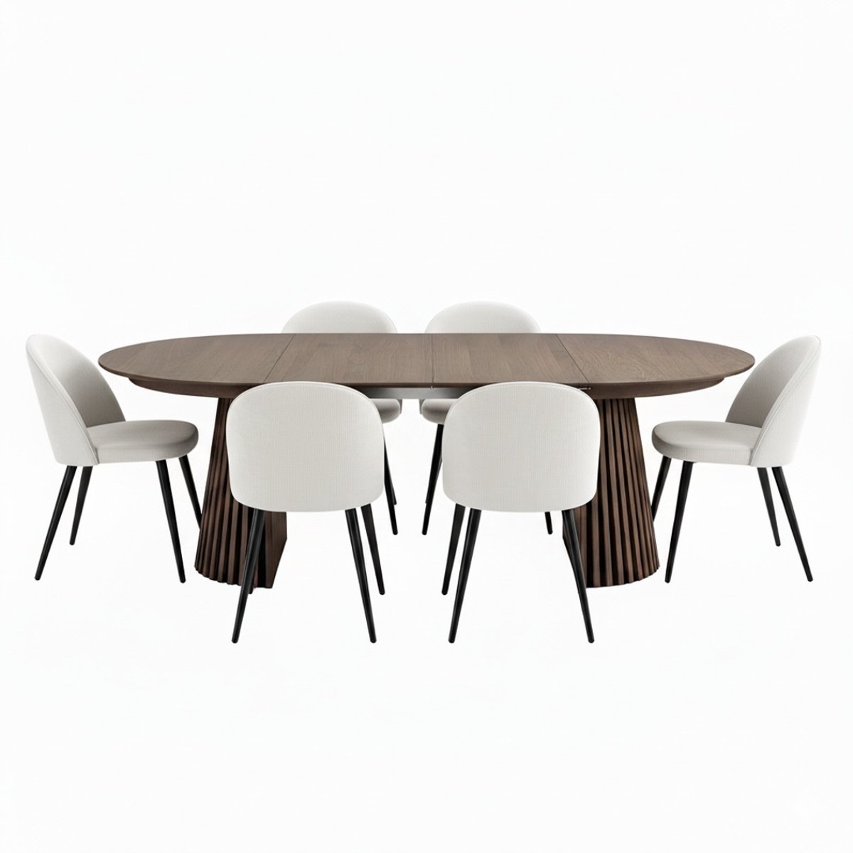 Tokyo eethoek eettafel smoked, 6 stoelen met beige ribfluweel bekleding.