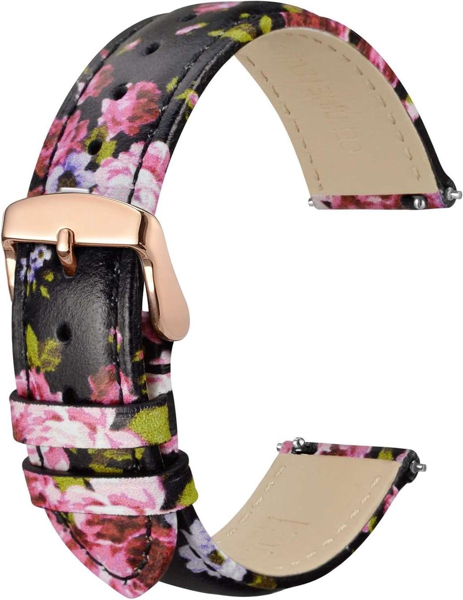 18mm Bloem Horlogeband Vrouwen - Echt Leer - Snelsluiting - Roségouden Gesp - Fuchsia Pioen - Trendy - Comfortabel - Stijlvol