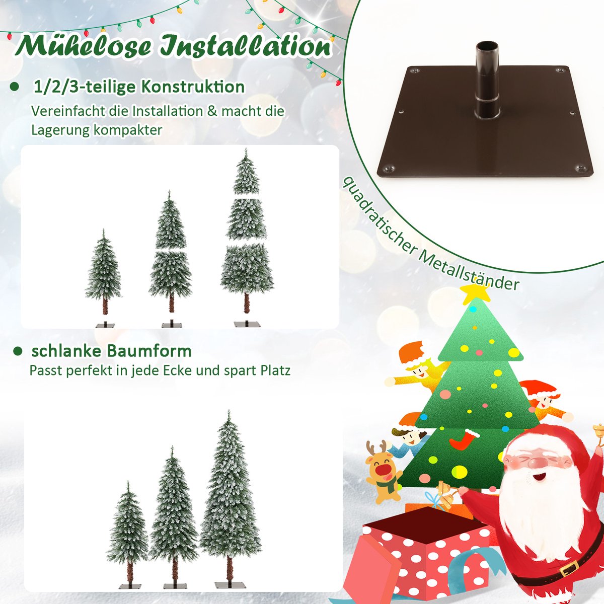 COSTWAY Kunstkerstboom, 3-delig, 90 + 120 + 150 cm, Kerstboom met sneeuw en warm witte ledlampen, smalle dennenboom met metalen standaard, besneeuwde Kunstboom, pvc-naalden, groen – foto 7