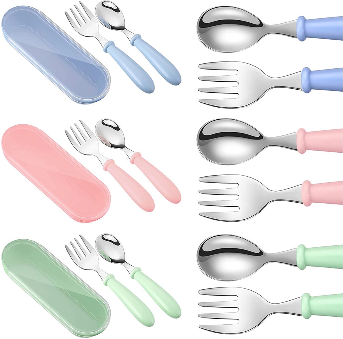 Cuhostki 3 Sets Reusable Children Cutlery Set Stainless Steel Pink Blue Green
