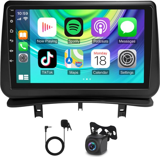 Autoradio - 4+64G voor Renault Clio 3 2005-2014 met CarPlay, Android Auto, GPS-navigatie, Android 15, 9-inch touchscreen, autoradio met Bluetooth, wifi, FM-radio, stuurwielbediening, smartphoneconnectiviteit + AHD-achteruitrijcamera