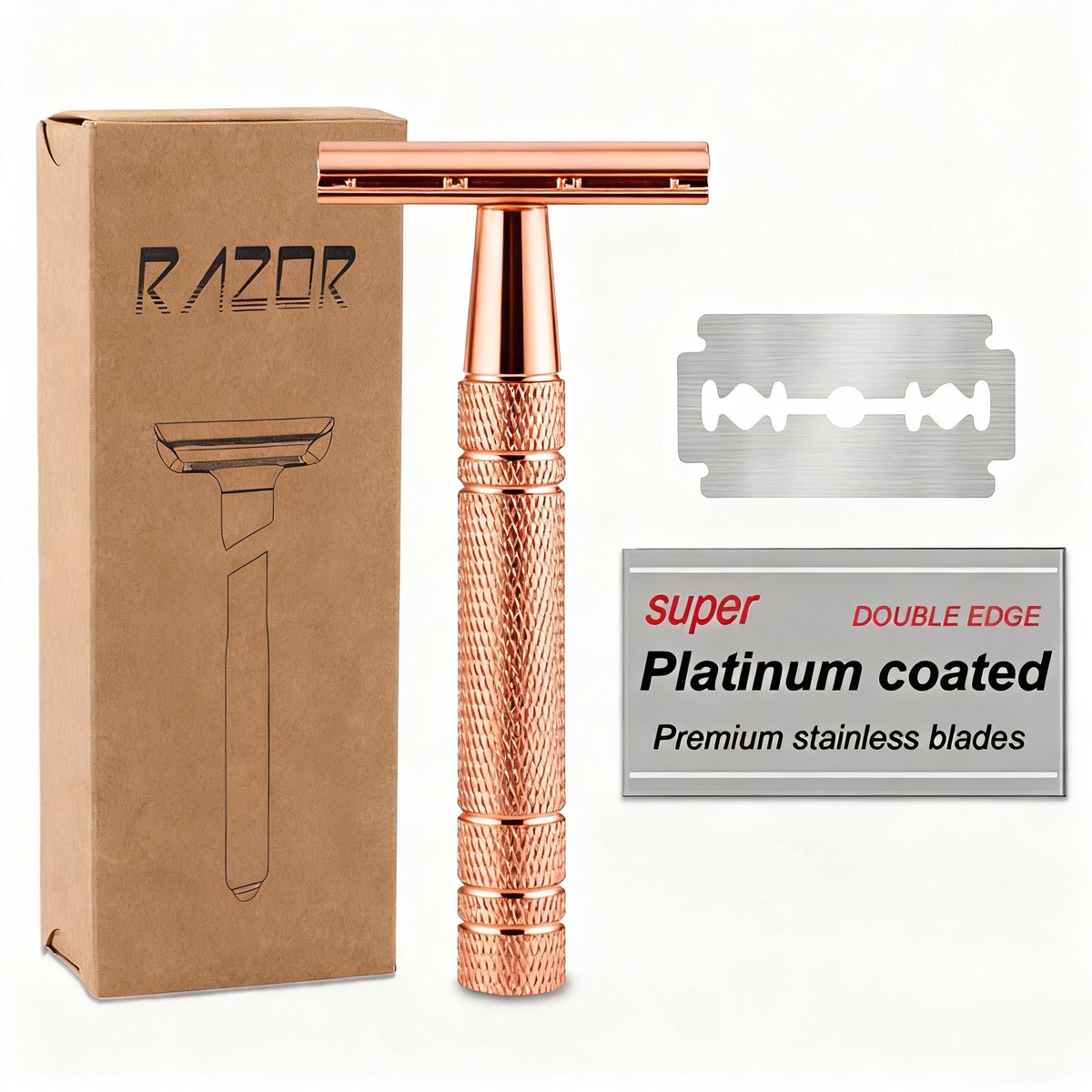Namajunas - Safety Razor - Veiligheidsscheermes - Klassiek Scheermes voor Mannen en Vrouwen - Duurzaam Scheren - Zero Waste - Double Edge - 30 RVS Scheermesjes - Roze gouden kleur