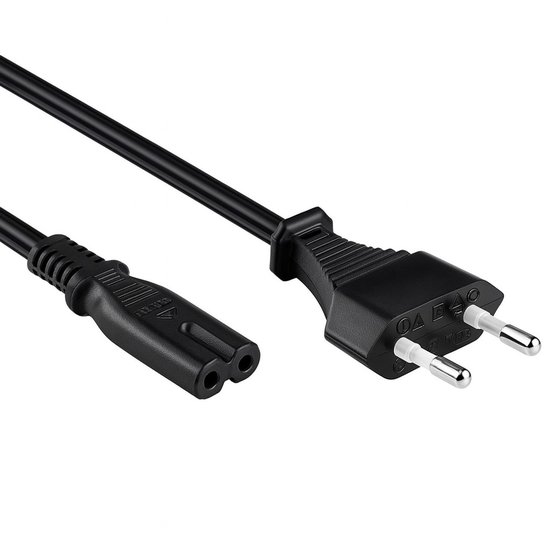 Zwart netsnoer met aan de ene kant een Eurostekker en aan de andere kant een C7-connector.