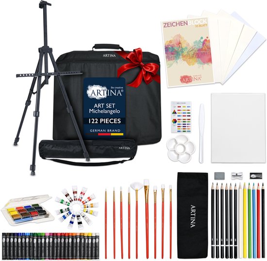 Ensemble de dessin Artina chevalet "Michel-Ange", toile, pinceaux, acrylique et aquarelle