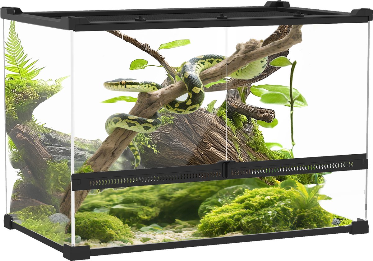 PawHut reptielenbox - gehard glas/staal - 50L x 30B x 35H cm - zwart