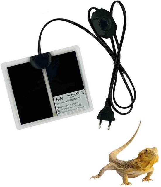 Tapis chauffant carré avec prise et bouton thermostat, à côté d'un lézard barbu.