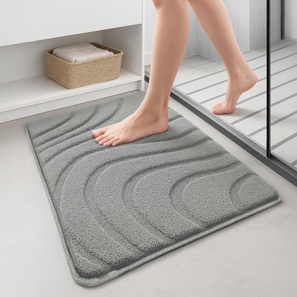 Azomor® Grijze badmat van zachte microvezel met antislip en golfpatroon, 40x60 cm