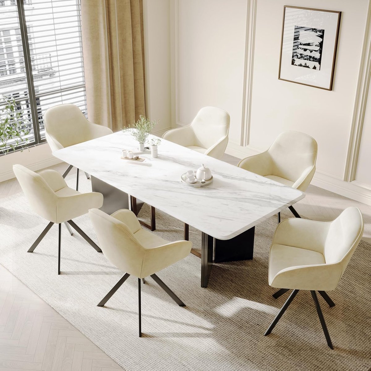 Draaistoel Eetkamer Set van 2 met Armleuning – Luxe Fluwelen Eetkamerstoelen in Crèmewit – 360° Draaibare en Ergonomische Keukenstoelen met Metalen Poten & Zachte Rugleuning – Comfortabele Stoelen voor Woonkamer, Keuken & Eetkamer – Ganeey
