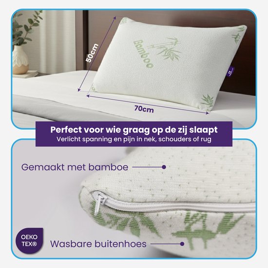 Afmetingen van een wit bamboe kussen: 70cm breed en 50cm hoog. Met rits en wasbare hoes.