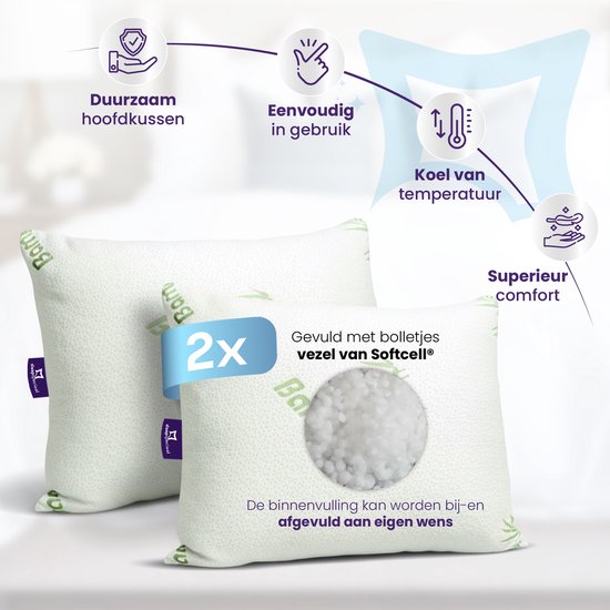 Witte kussens met groene bamboe print en '2x' indicatie. Gevuld met Softcell vezelbolletjes.