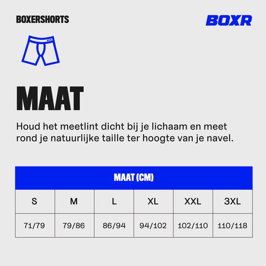 Maattabel voor boxershorts met maten S t/m 3XL en tailleomtrek in cm.