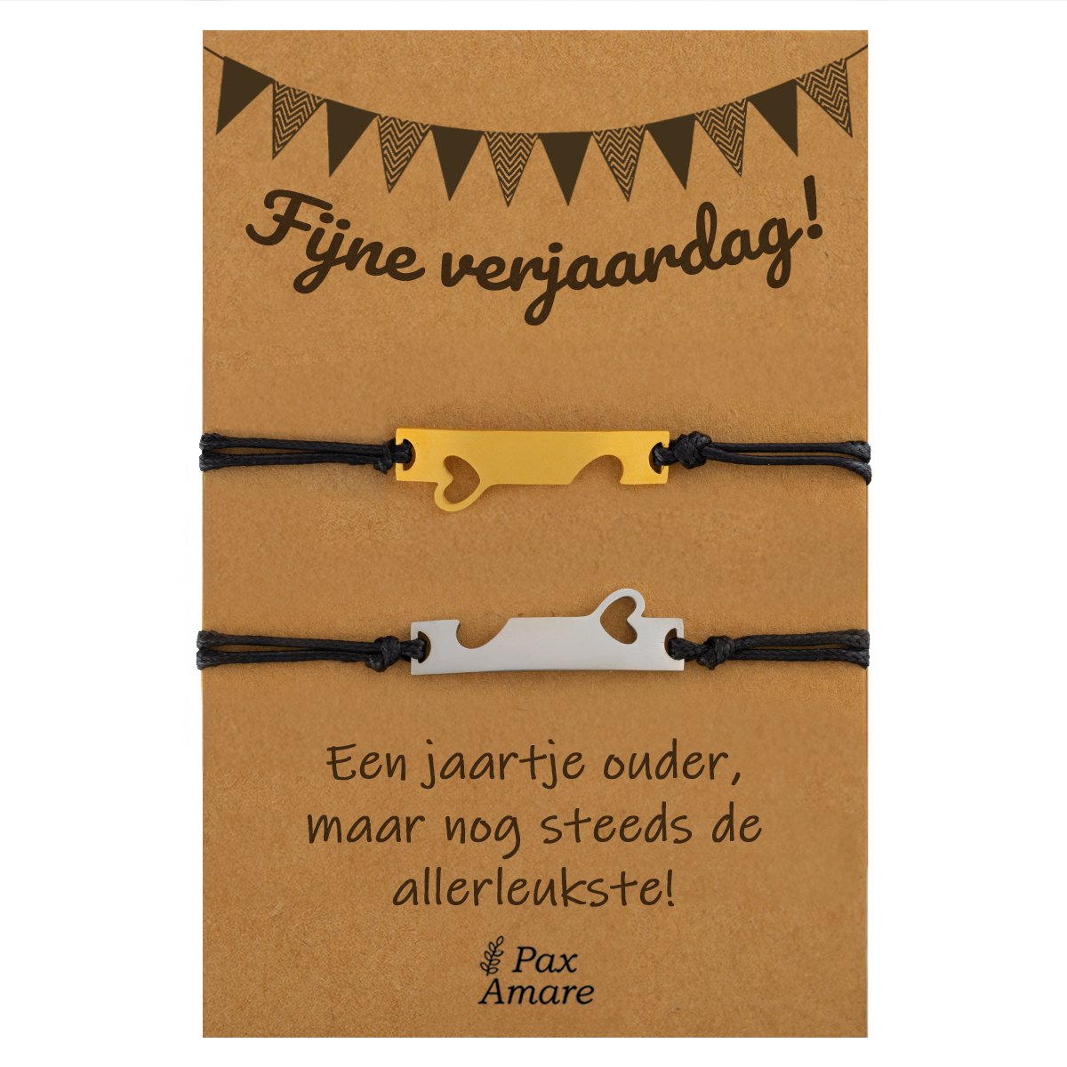 Vriendschapsarmbandjes voor 2 "Fijne Verjaardag" - Aansluitende Hartjes - BFF Armbandjes met Persoonlijk Cadeau Kaartje - Goudkleurig & Zilverkleurig - Elastisch Verstelbaar - Pax Amare
