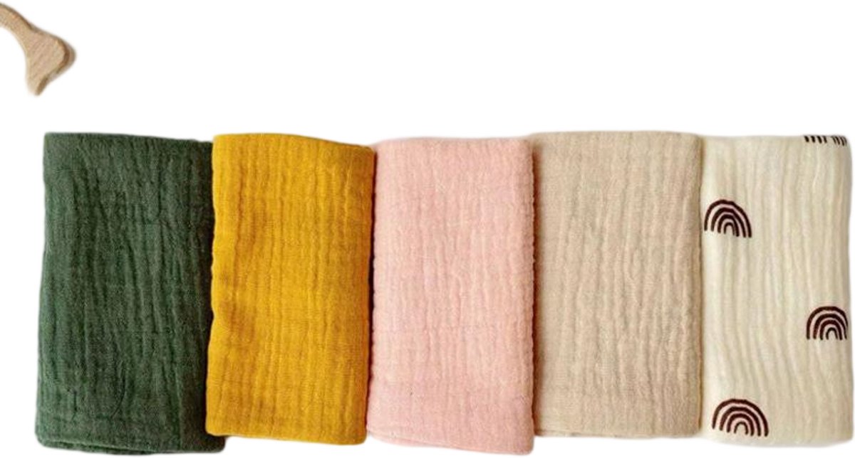 Image of 5-pack baby mousseline gezichtshanddoeken - pasgeboren handdoekset - 25 x 25 cm gezichts- en badhanddoeken - herbruikbare baby gezichtshanddoeken - 100% katoen - zacht en ademend - stijl G