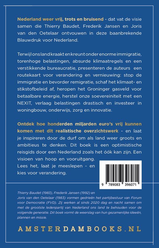 Achterkant boek 'Blauwdruk Nederland'. Tekst in het Nederlands. Barcode en uitgever AmsterdamBooks.nl.