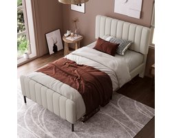 Intebiki Gestoffeerd Tweepersoonsbed 90 x 200 cm - Bedplaats met plat noedelsframe en verstelbaar hoofdeinde - Grijs Beige gestoffeerd bed - slaapkamer bedplaats - jeugdbedkamer - linnenmateriaal (geen matras)