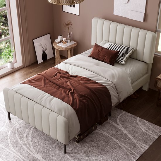 Intebiki Gestoffeerd Tweepersoonsbed 90 x 200 cm - Bedplaats met plat noedelsframe en verstelbaar hoofdeinde - Grijs Beige gestoffeerd bed - slaapkamer bedplaats - jeugdbedkamer - linnenmateriaal (geen matras)
