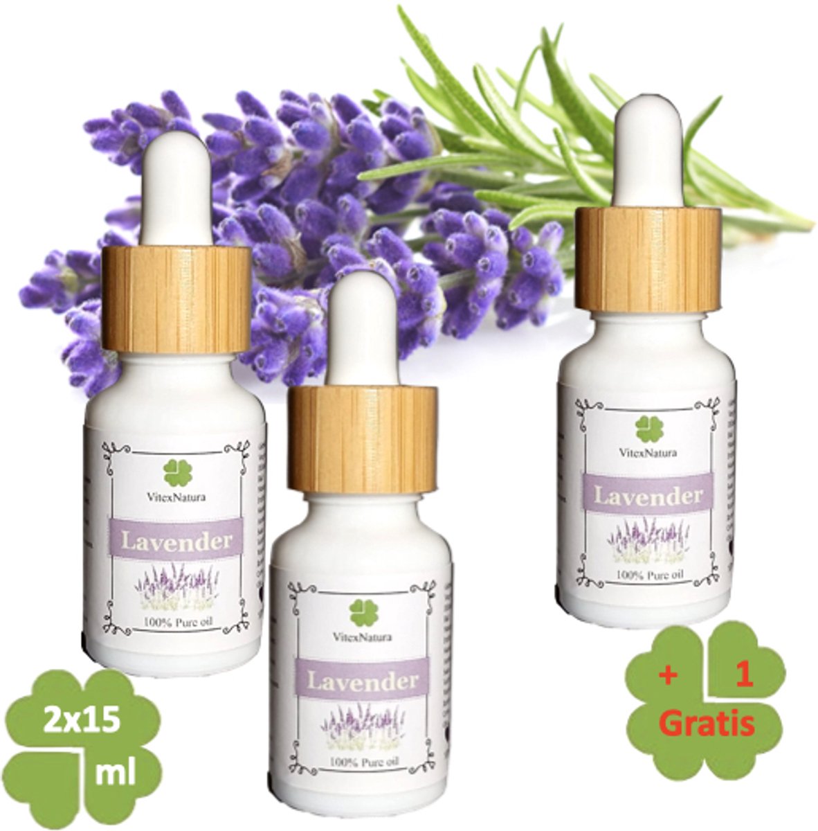 Pure Lavendel olie 2 + 1 GRATIS | 45ml 100% Etherische Olie | Reinigend kalmerend | Merk VitexNatura