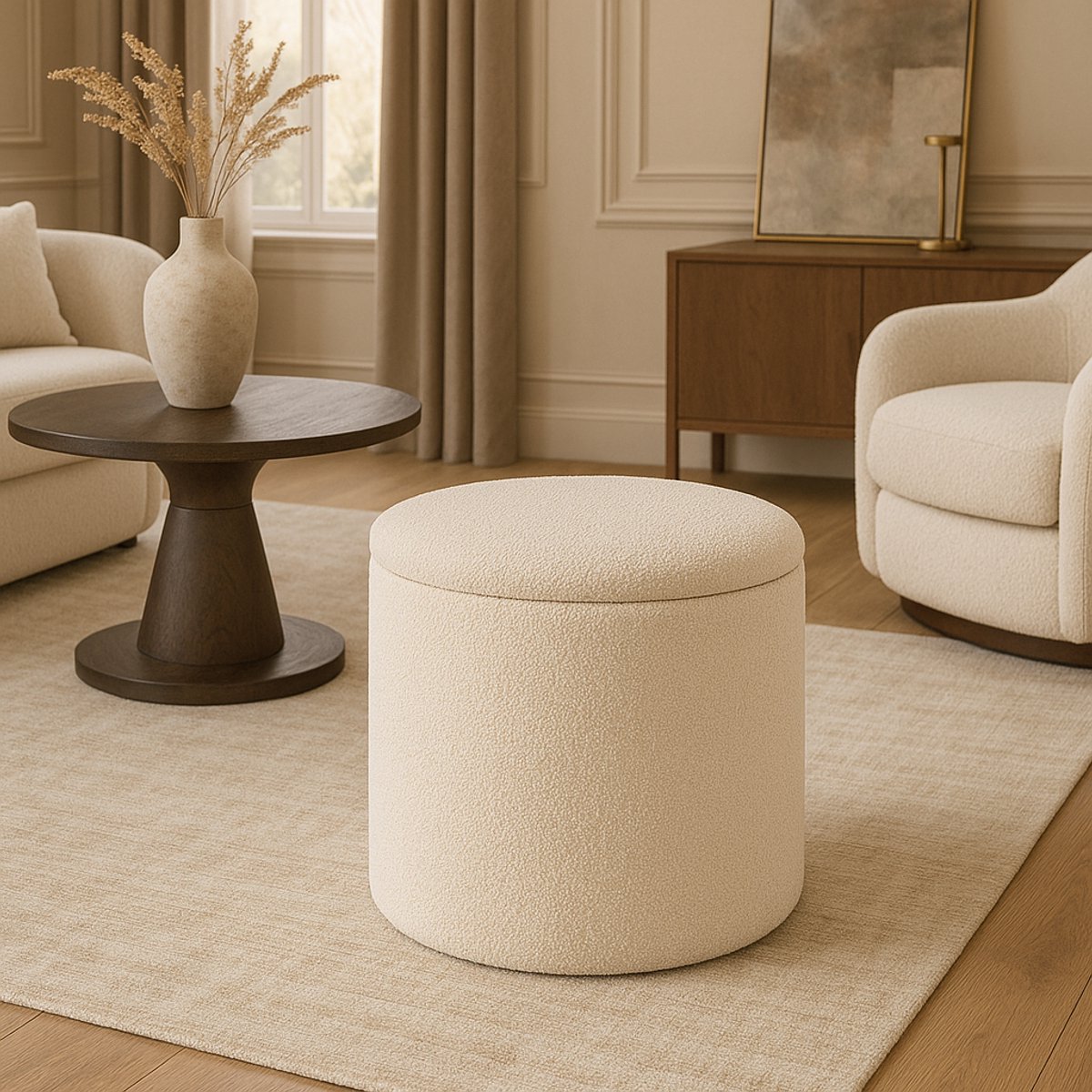 Fameilleur Luxe Teddy Poef met Opbergdeksel – Bouclé Poef 35x40 cm – Zachte Stof in Off-White – Multifunctionele Poef met Opbergruimte – Zitkruk, Voetenbank & Bijzettafel – Kant-en-Klaar – Scandinavisch Design - poef - zitbank - exclusief- opbergbank