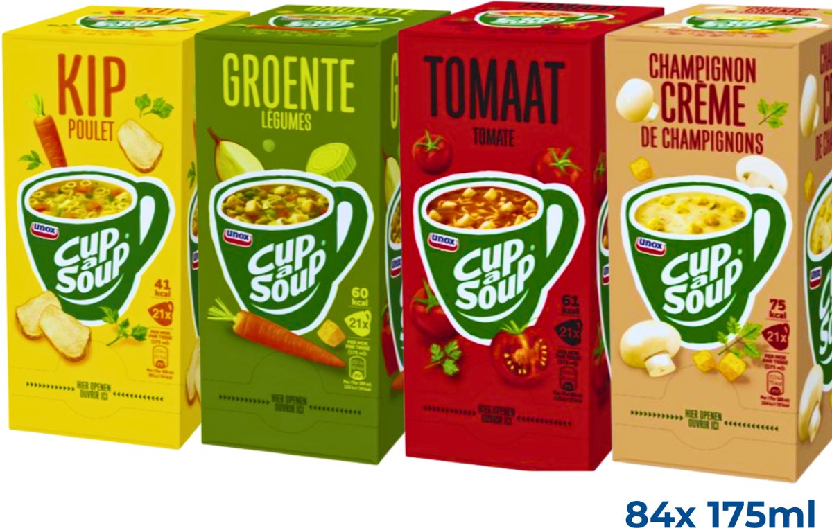 Cup-a-Soup Unox 4-pack - 1x kip, 1x tomaat, 1x champignon crème, 1x groente - 84 porties - instantsoep - houdbaar (b-0276)