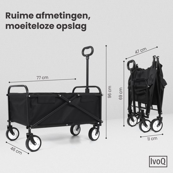 IvoQ Opvouwbare Bolderkar Zwart - Draagvermogen 80 kg - Compact inklapbaar - Stevig stalen frame & 600D polyester - Ideaal voor strand, camping, tuin & boodschappen van IvoQ — afbeelding 5