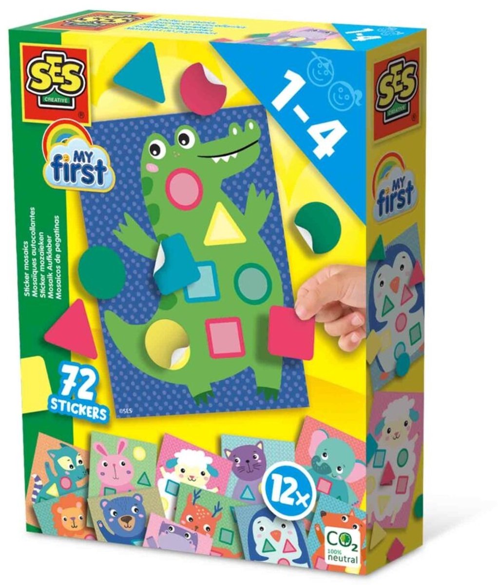 SES Creative - My First - Sticker mozaïeken - 12 dieren mozaïek kaarten met 72 stickers - vormen en kleuren herkennen – stickers plakken - speelgoed 1 tot 4 jaar