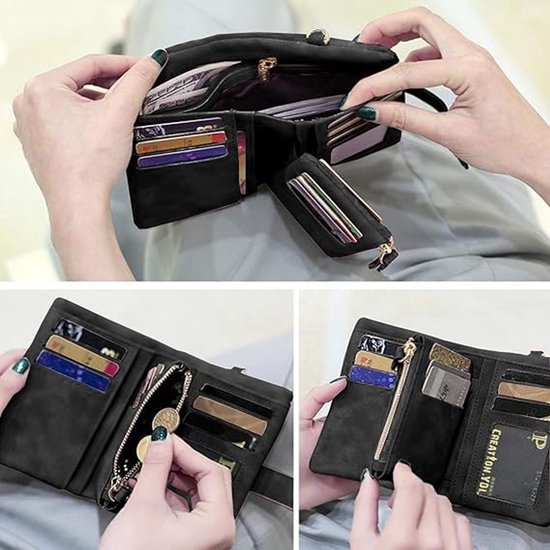 Collage van handen die een zwarte portemonnee met creditcards, bankbiljetten en munten tonen.