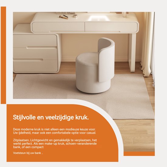 Lichtbeige, ronde kruk met rugleuning, naast een witte kaptafel, stijlvol en veelzijdig.
