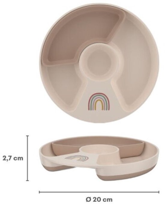 Beige Mepal vakjesbord met regenboogprint en de afmetingen Ø 20 cm en 2,7 cm.