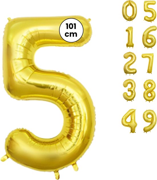 Fienosa Cijfer Ballonnen - Nummer 5 - Goud Kleur - 101 cm - Cijferballon - XL Groot - Helium Ballon - Verjaardag Ballon - Verjaardag Versiering - Feest - Feestversiering - Leeftijd verjaardag - Verjaardagsballon - Verjaardag