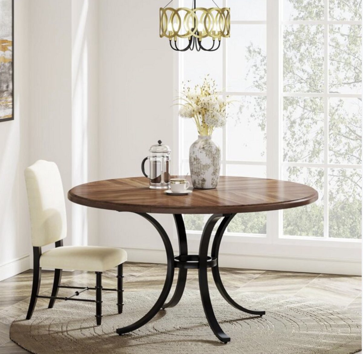 MAZAZU Eettafel rond - Houten Tafel - Industrieel - Bruin/Zwart - 120x120x76cm