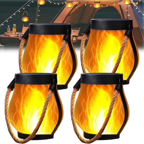 Halloween Sierlantaarns - 4 Zonne-energie Lantaarns met Echt Vlam Effect voor Buiten | Waterdichte Paarse Halloween Decoratie met Dubbele Oplaadmodus (Zonne-energie & USB) | Inclusief Ophangsysteem voor Tuin en Terras | Warm Wit Licht