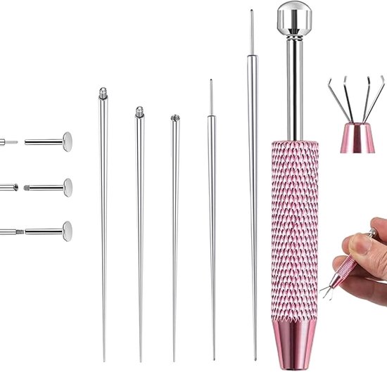 Roze tang met non-slip grip en diverse piercinggereedschappen.