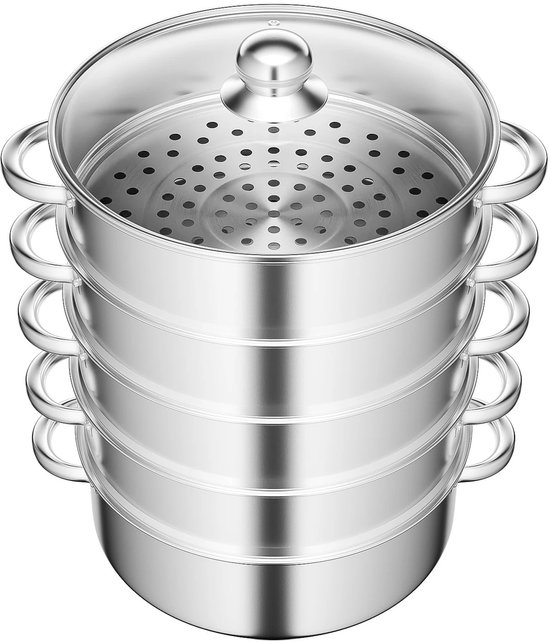 Benelux Select Stomer - Stoompan – Stoommandje – Stoommand – RVS - 5-laags – Glazen Deksel – Universeel Inzetbaar - 35 × 39 cm