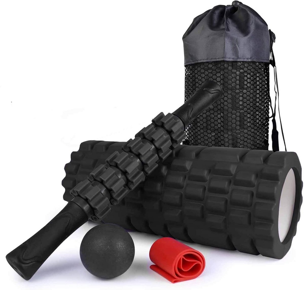 Mister GoGo Foam roller set 4 delig + GRATIS Weerstandsband - Massage set - Massage stick - Massage bal - Foam roller - Foamroller - Foamrollers - Grid Triggerpoint - Inclusief compacte draagtas - Fitness - Yoga
