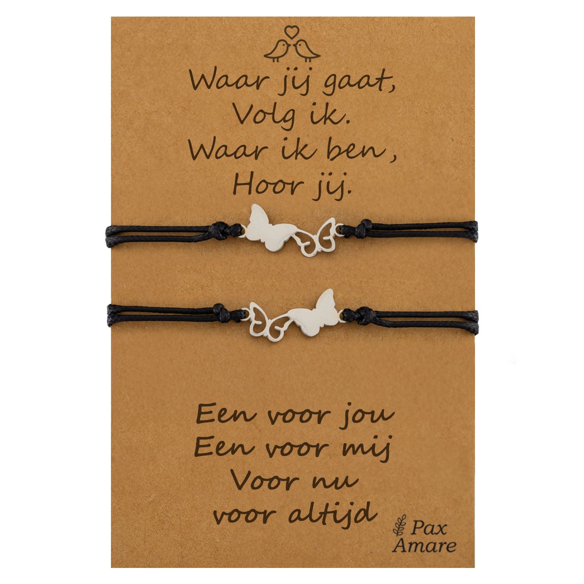 Vriendschapsarmbandjes voor 2 "Waar jij gaat, volg ik" - Vlinders - BFF Armbandjes met Persoonlijk Cadeau Kaartje - Zilverkleurig - Elastisch Verstelbaar - Pax Amare