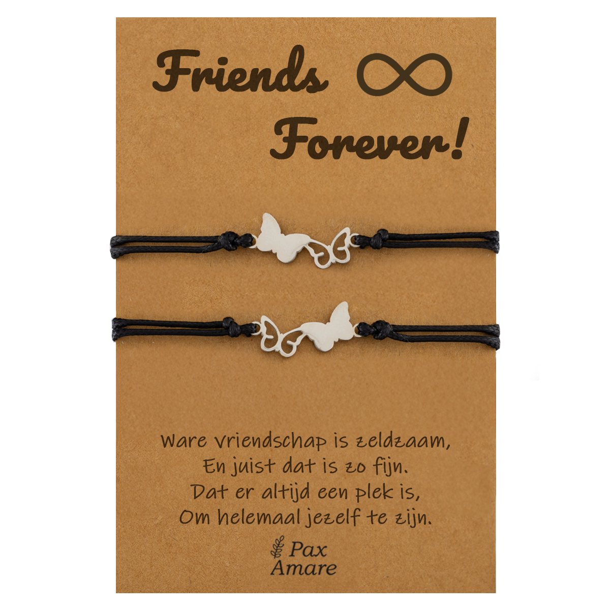 Vriendschapsarmbandjes voor 2 " Friends Forever ∞" - Vlinders - BFF Armbandjes met Persoonlijk Cadeau Kaartje - Zilverkleurig - Elastisch Verstelbaar - Pax Amare