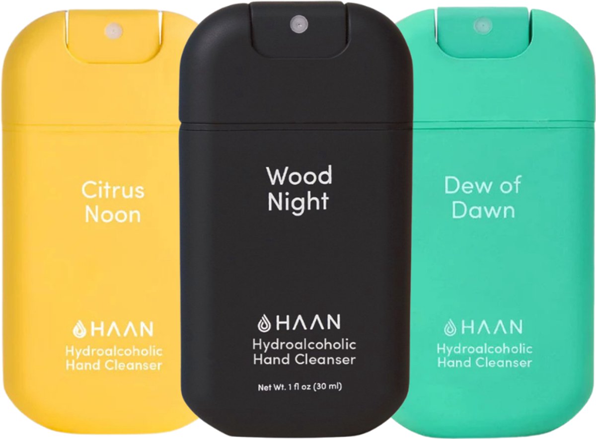 HAAN Hydrating Handspray - Handzeep - 3pack Daily Moods mix Spray 30ml: Dew of Dawn/ Citrus Noon/ Wood Night - Navulbaar - 3x 30ml