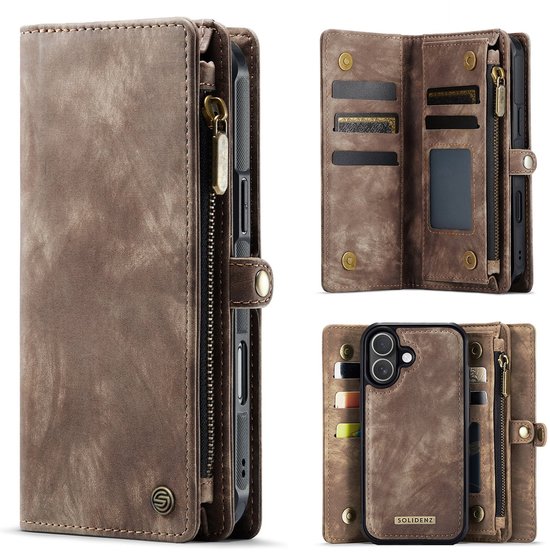 Étui portefeuille iPhone 17 - Solidenz Urban Wallet - Étui téléphone avec porte-cartes - Poche zippée - Magnétique - Dragonne - Marron